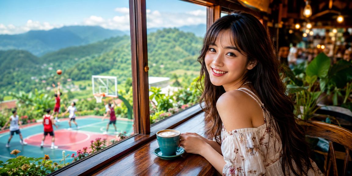 Cảnh thể thao bóng rổ tại Sapa với nền cà phê Việt Nam